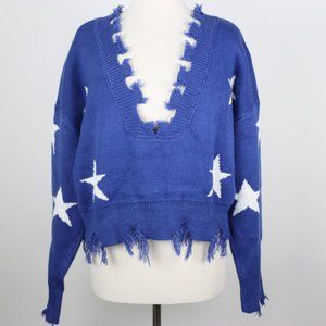 Zaful Womens OS One Size Star Crop Frayed Distressed Sweater